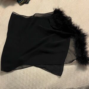 Black Sheer Scarf with Feather Trim